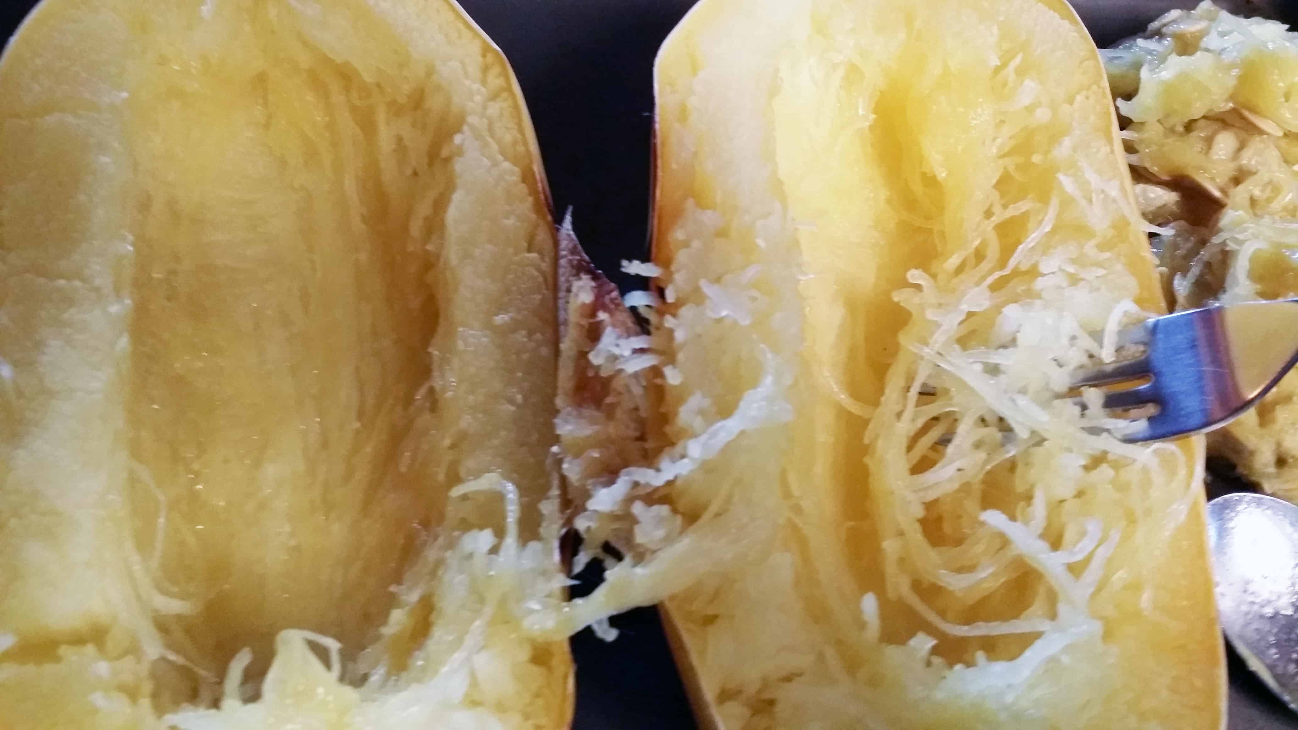 Separate strands of spaghetti squash with a fork